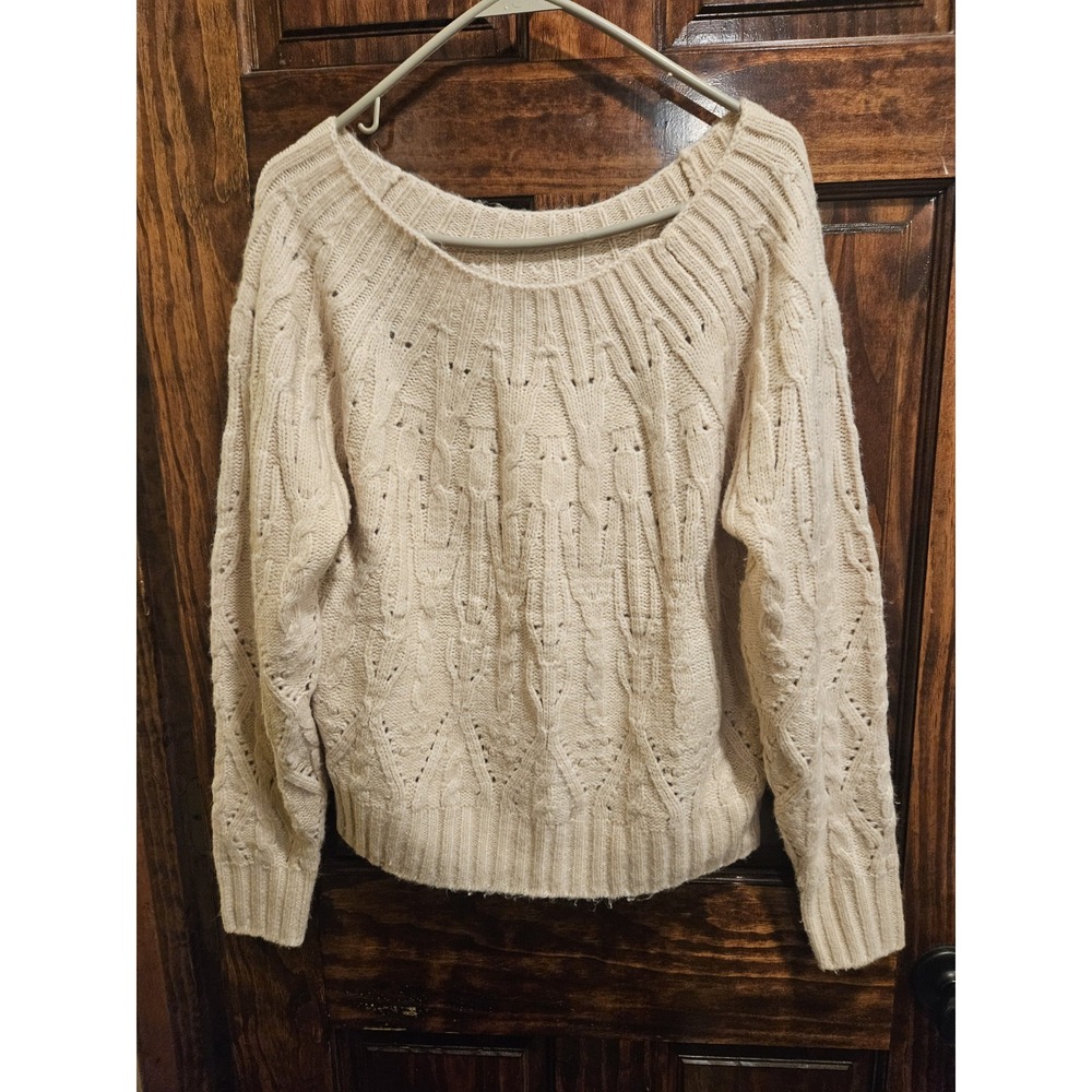 White House Black Market Cable Knit Boat Neck Sweater White Medium
